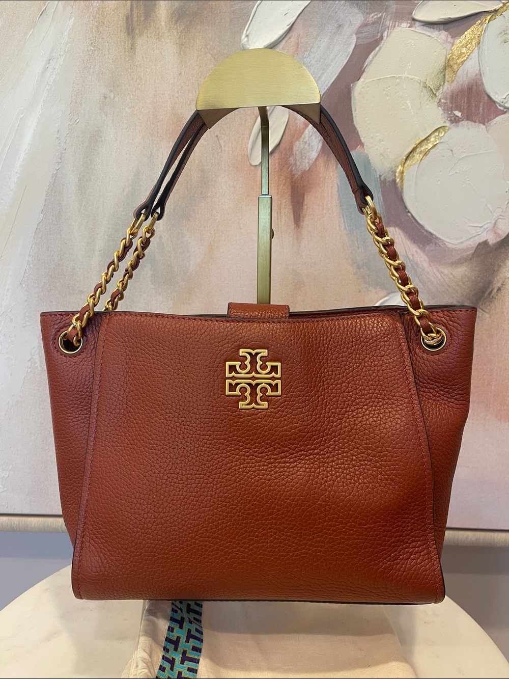 Tory Burch Brown Pebbled Leather Shoulder Bag with Gold Hardware